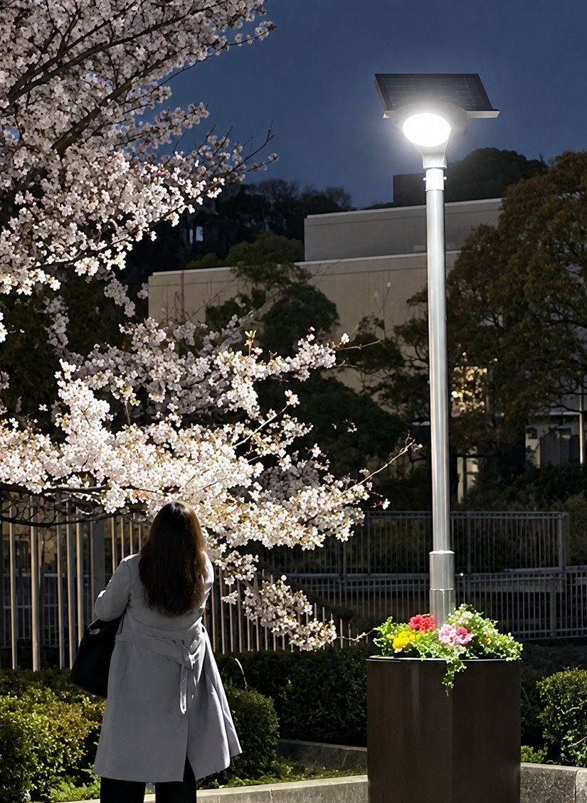 夜桜のそばで参道を照らす防災防犯ライト