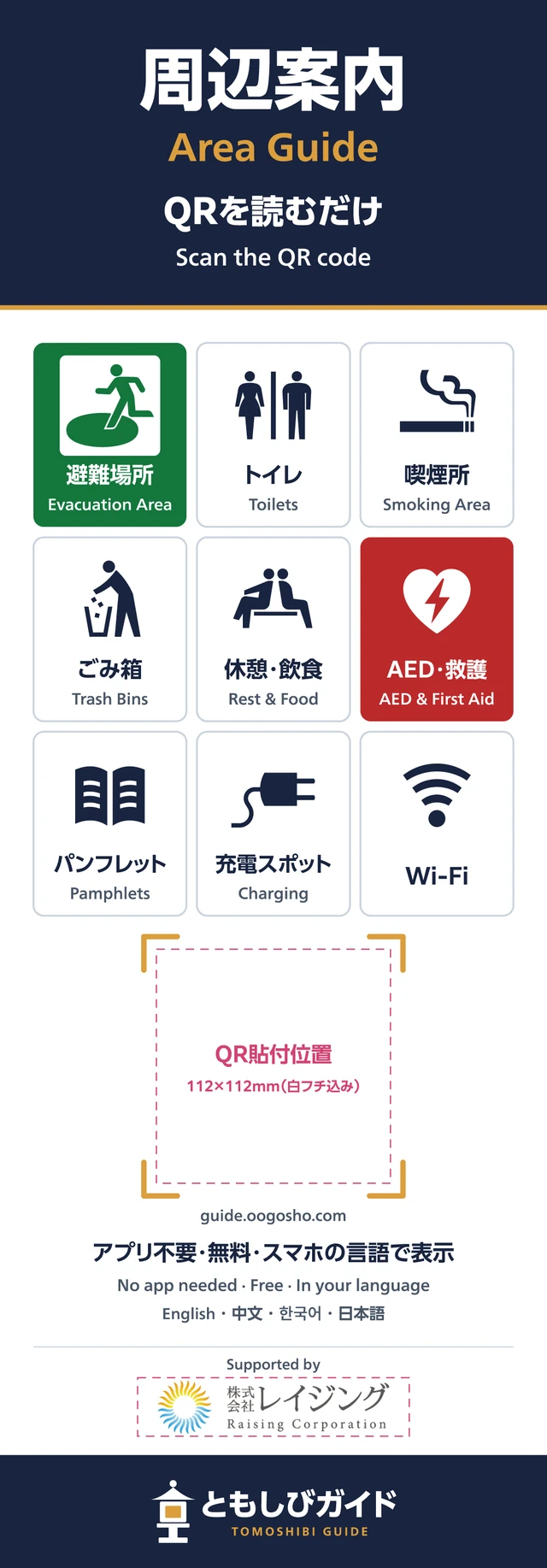 ともしびガイドの看板の見本。下部の点線の枠に「Supported by」と支援企業のロゴが入る