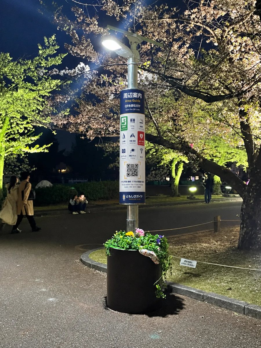 夜桜の公園の園路に置かれた防災防犯ライト